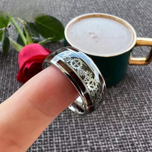 Men's 10mm Tungsten Clockwork Gears Koa Wood Inlay Engagement Wedding Band